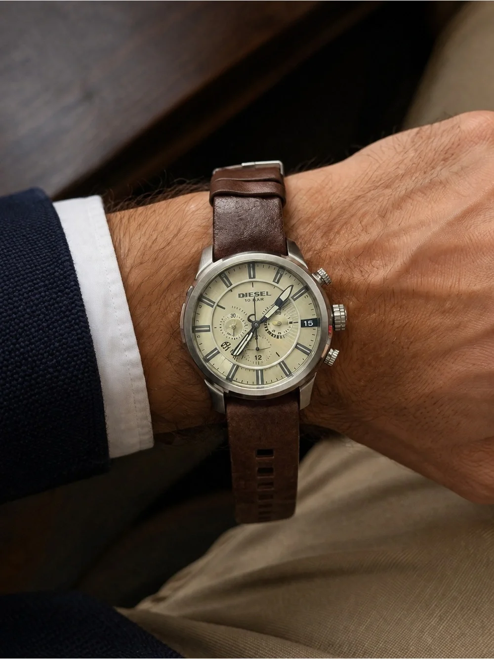 Diesel Men's Brown Leather Strap Chronograph Watch with Cream Dial